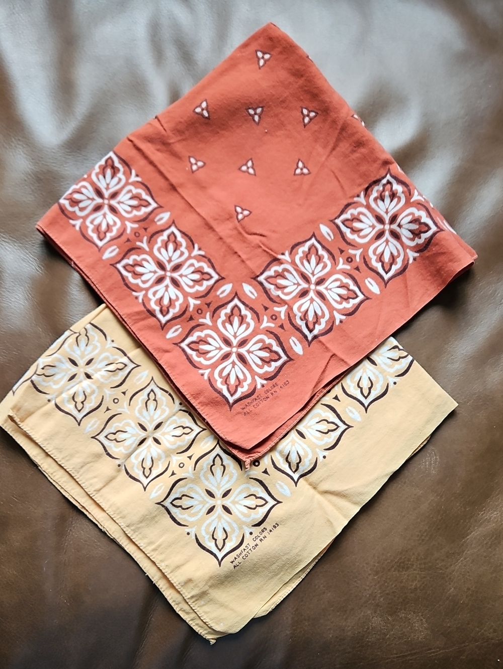 Vintage 60s Washfast Colors Cotton Bandana Lot Rust Orange, Yellow RN 14193